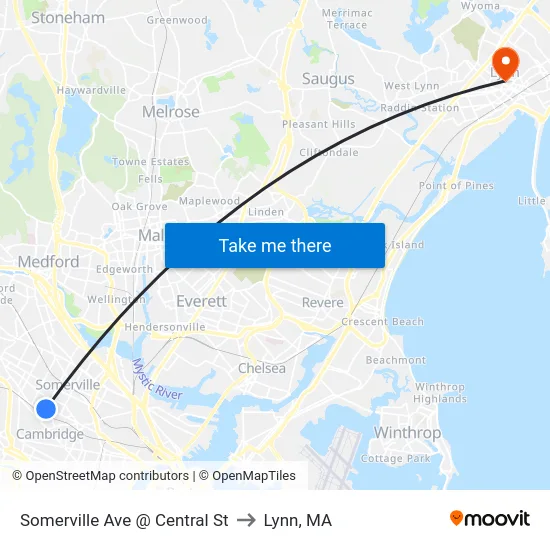 Somerville Ave @ Central St to Lynn, MA map
