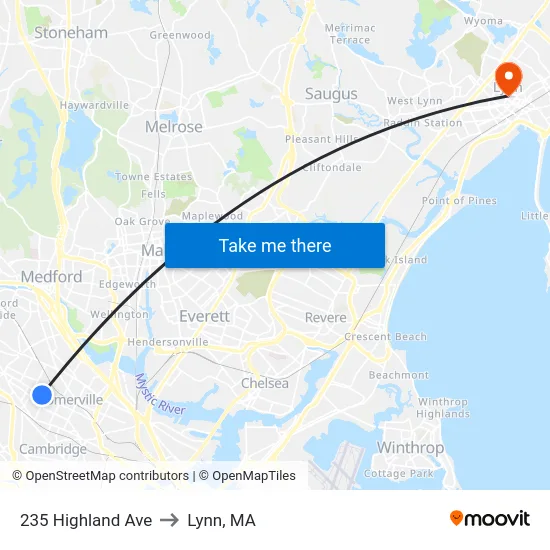 235 Highland Ave to Lynn, MA map
