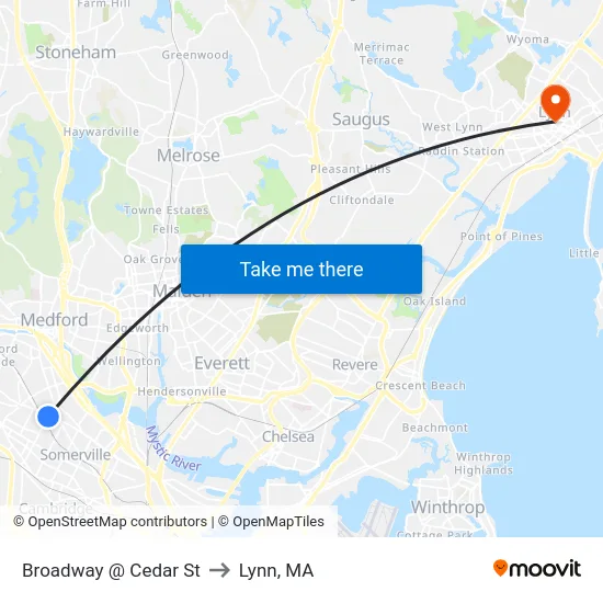 Broadway @ Cedar St to Lynn, MA map
