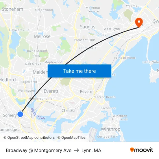 Broadway @ Montgomery Ave to Lynn, MA map