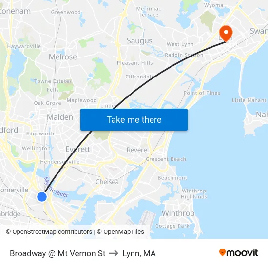 Broadway @ Mt Vernon St to Lynn, MA map