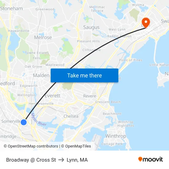 Broadway @ Cross St to Lynn, MA map