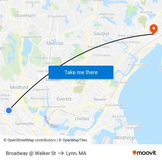 Broadway @ Walker St to Lynn, MA map