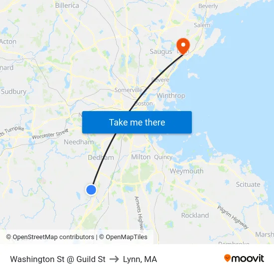 Washington St @ Guild St to Lynn, MA map