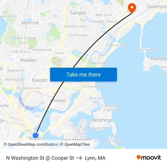 N Washington St @ Cooper St to Lynn, MA map