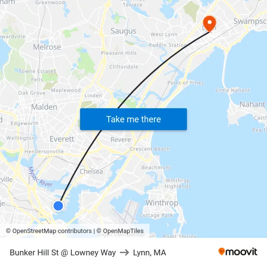 Bunker Hill St @ Lowney Way to Lynn, MA map