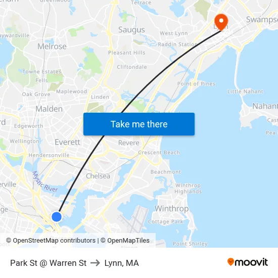 Park St @ Warren St to Lynn, MA map