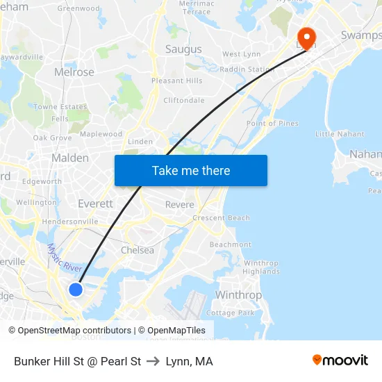 Bunker Hill St @ Pearl St to Lynn, MA map
