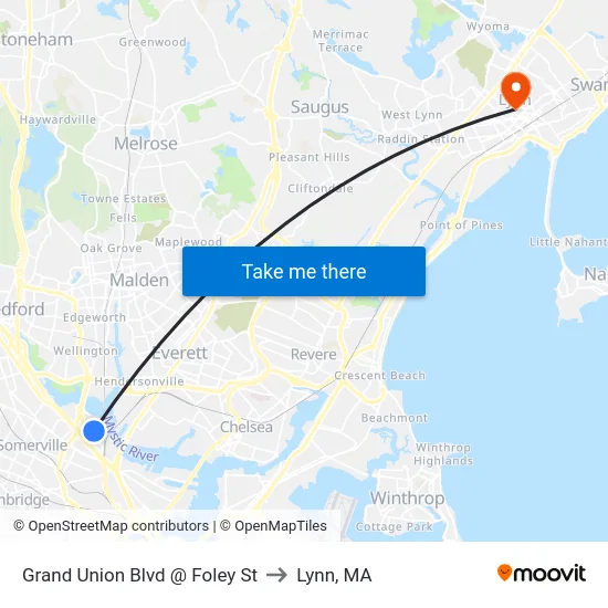 Grand Union Blvd @ Foley St to Lynn, MA map