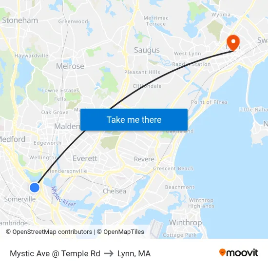 Mystic Ave @ Temple Rd to Lynn, MA map