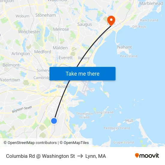 Columbia Rd @ Washington St to Lynn, MA map