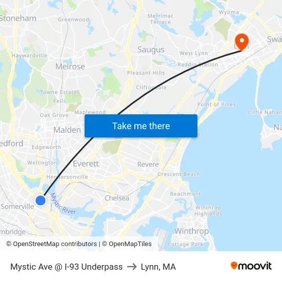 Mystic Ave @ I-93 Underpass to Lynn, MA map