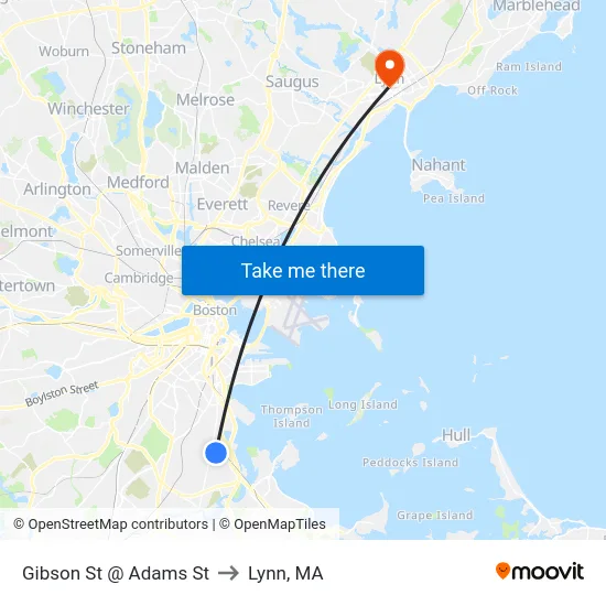Gibson St @ Adams St to Lynn, MA map