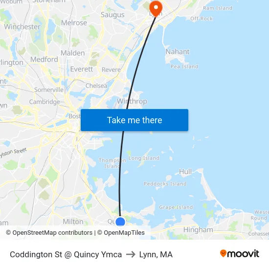 Coddington St @ Quincy Ymca to Lynn, MA map