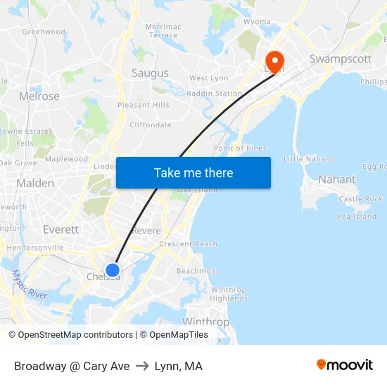 Broadway @ Cary Ave to Lynn, MA map