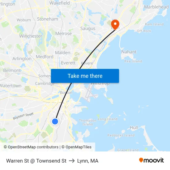 Warren St @ Townsend St to Lynn, MA map