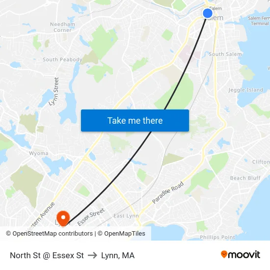 North St @ Essex St to Lynn, MA map