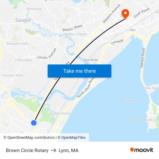 Brown Circle Rotary to Lynn, MA map