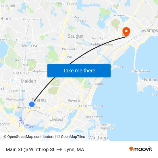 Main St @ Winthrop St to Lynn, MA map
