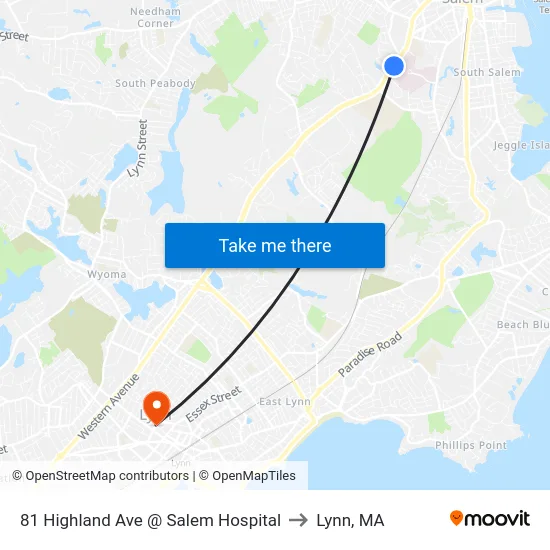 81 Highland Ave @ Salem Hospital to Lynn, MA map