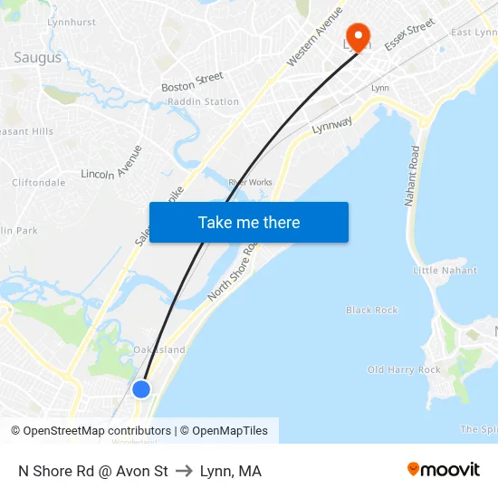 N Shore Rd @ Avon St to Lynn, MA map