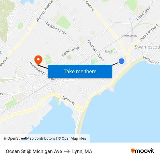Ocean St @ Michigan Ave to Lynn, MA map