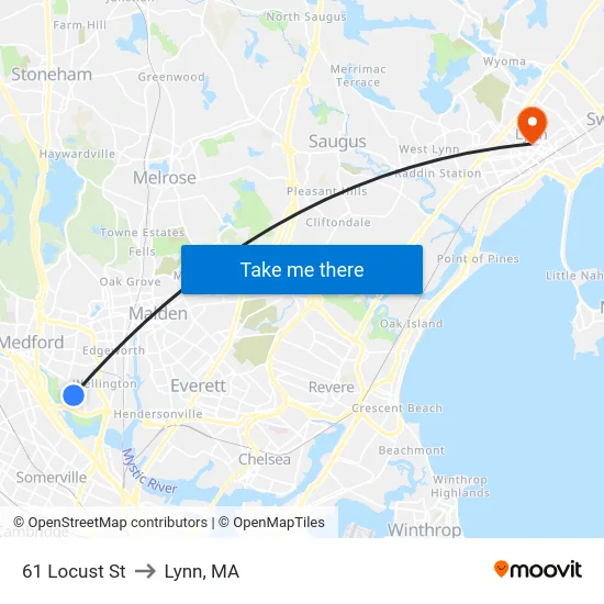 61 Locust St to Lynn, MA map
