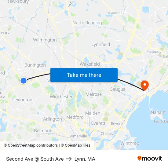 Second Ave @ South Ave to Lynn, MA map