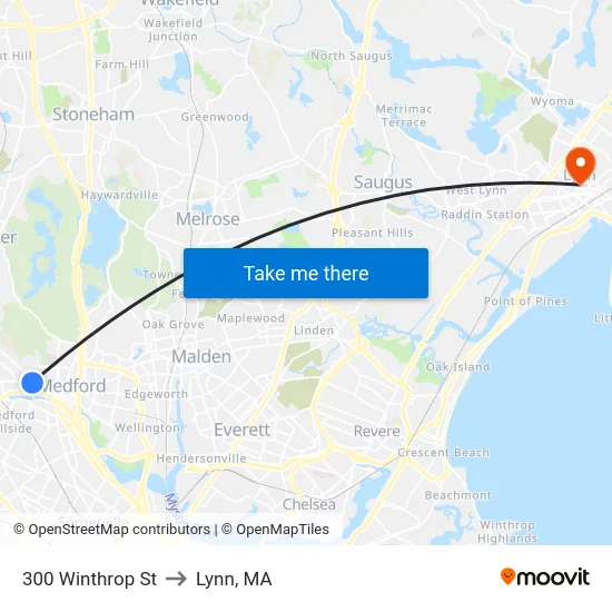 300 Winthrop St to Lynn, MA map