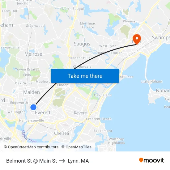 Belmont St @ Main St to Lynn, MA map