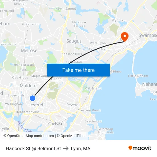 Hancock St @ Belmont St to Lynn, MA map