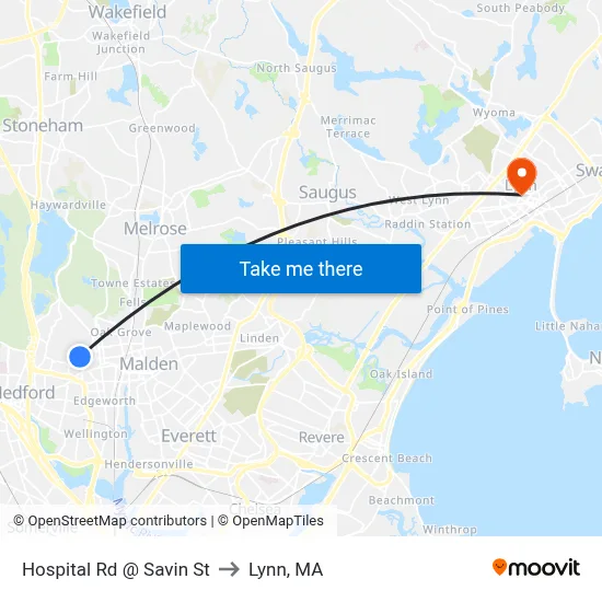 Hospital Rd @ Savin St to Lynn, MA map