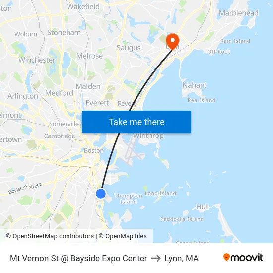 Mt Vernon St @ Bayside Expo Center to Lynn, MA map