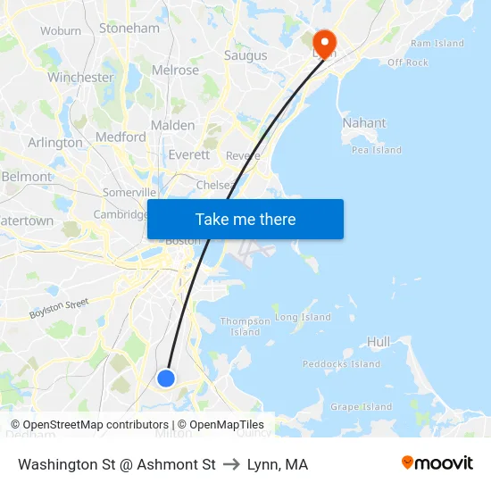 Washington St @ Ashmont St to Lynn, MA map