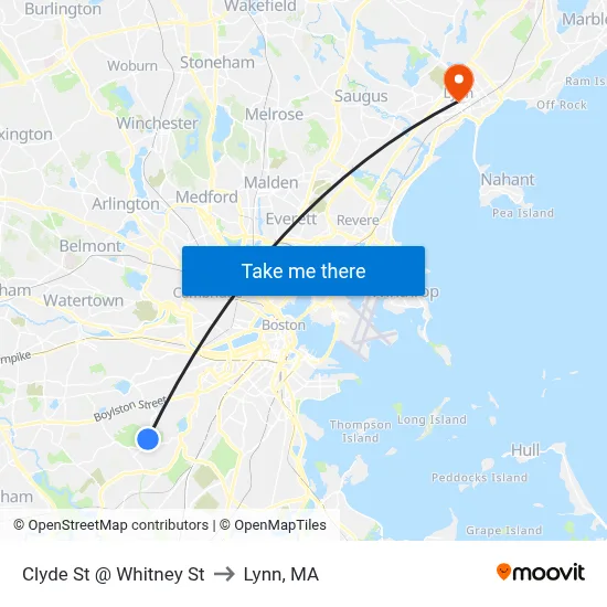 Clyde St @ Whitney St to Lynn, MA map