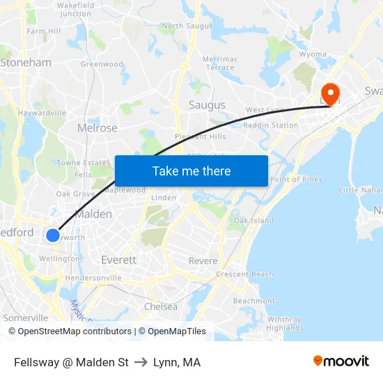 Fellsway @ Malden St to Lynn, MA map