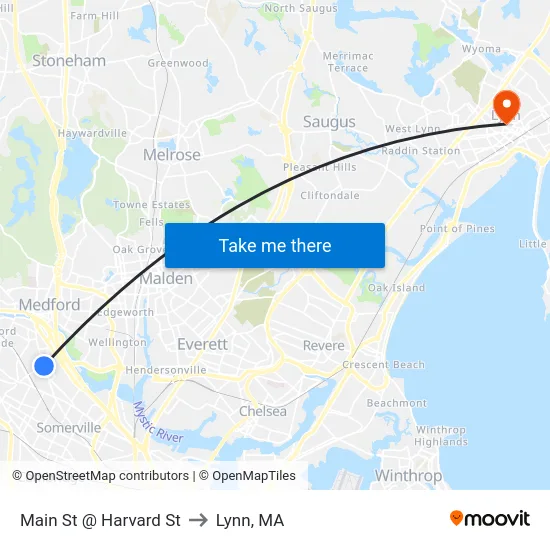 Main St @ Harvard St to Lynn, MA map