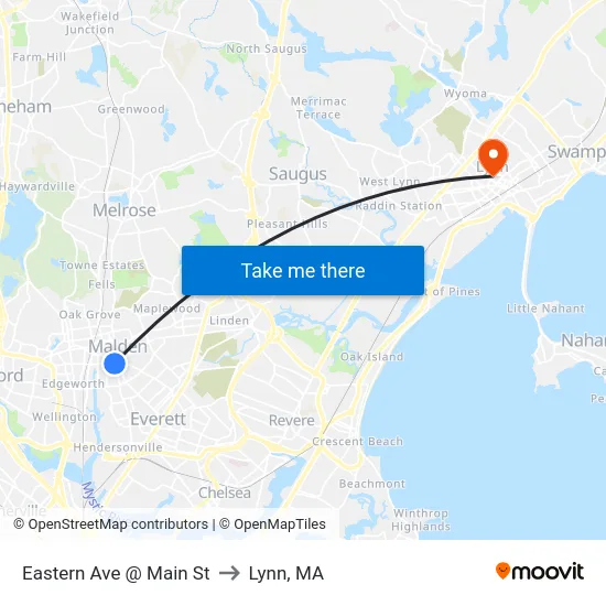 Eastern Ave @ Main St to Lynn, MA map