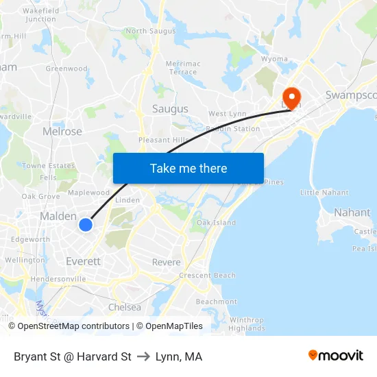 Bryant St @ Harvard St to Lynn, MA map
