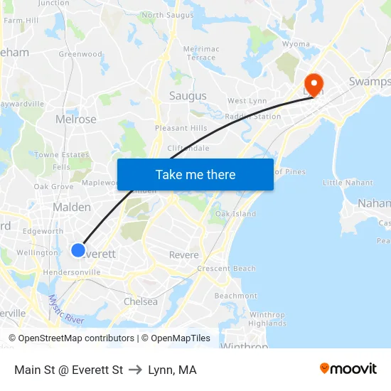 Main St @ Everett St to Lynn, MA map