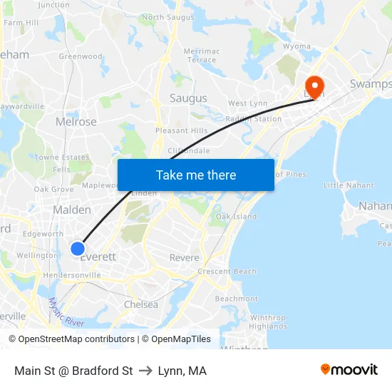 Main St @ Bradford St to Lynn, MA map