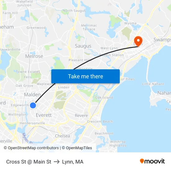 Cross St @ Main St to Lynn, MA map