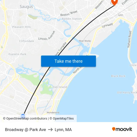 Broadway @ Park Ave to Lynn, MA map
