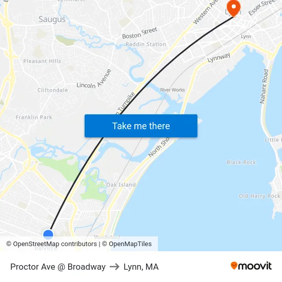 Proctor Ave @ Broadway to Lynn, MA map