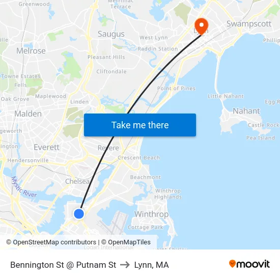 Bennington St @ Putnam St to Lynn, MA map