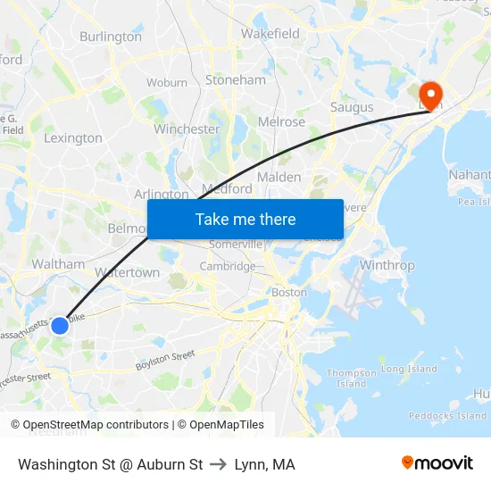 Washington St @ Auburn St to Lynn, MA map