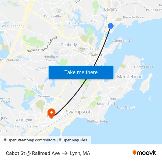 Cabot St @ Railroad Ave to Lynn, MA map
