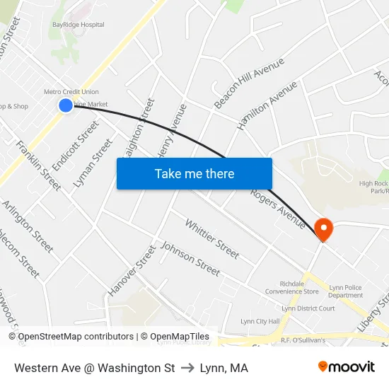Western Ave @ Washington St to Lynn, MA map