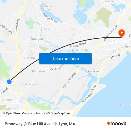 Broadway @ Blue Hill Ave to Lynn, MA map