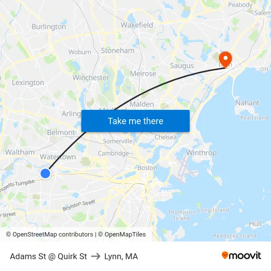 Adams St @ Quirk St to Lynn, MA map